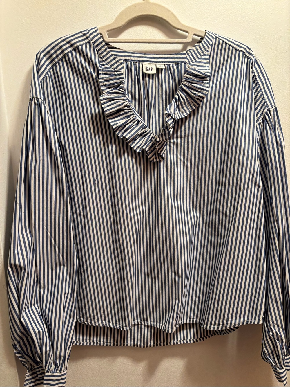 GAP Blue and White Striped Ruffle V-Neck Blouse
